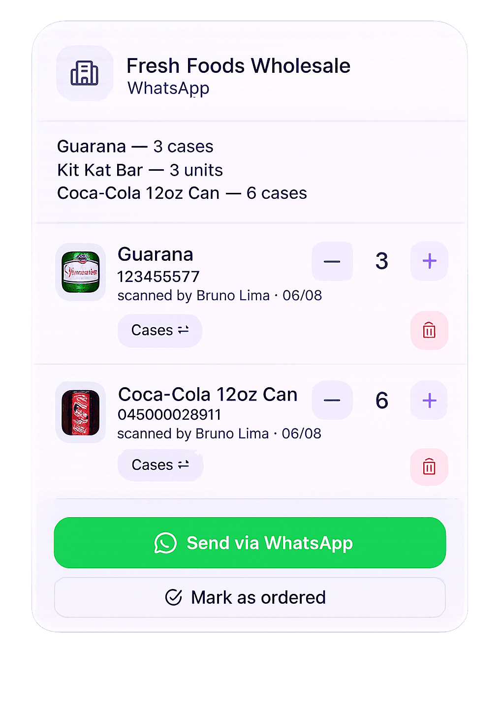 Supplier order summary for Fresh Foods Wholesale with a Send via WhatsApp button