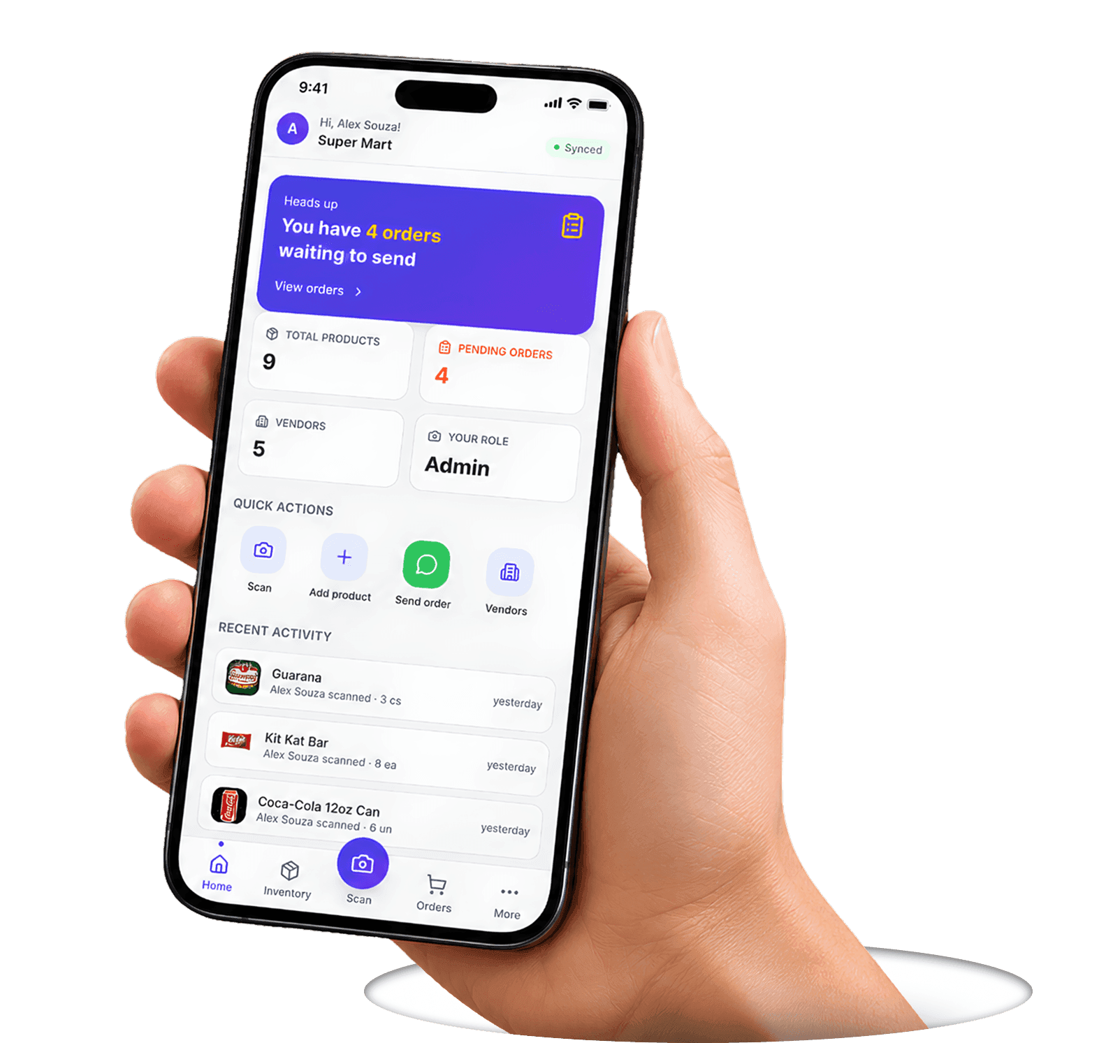 Hand holding iPhone with Estoqui app showing Super Mart dashboard with floating UI elements - low stock alerts, stock movement stats, and supplier order notifications