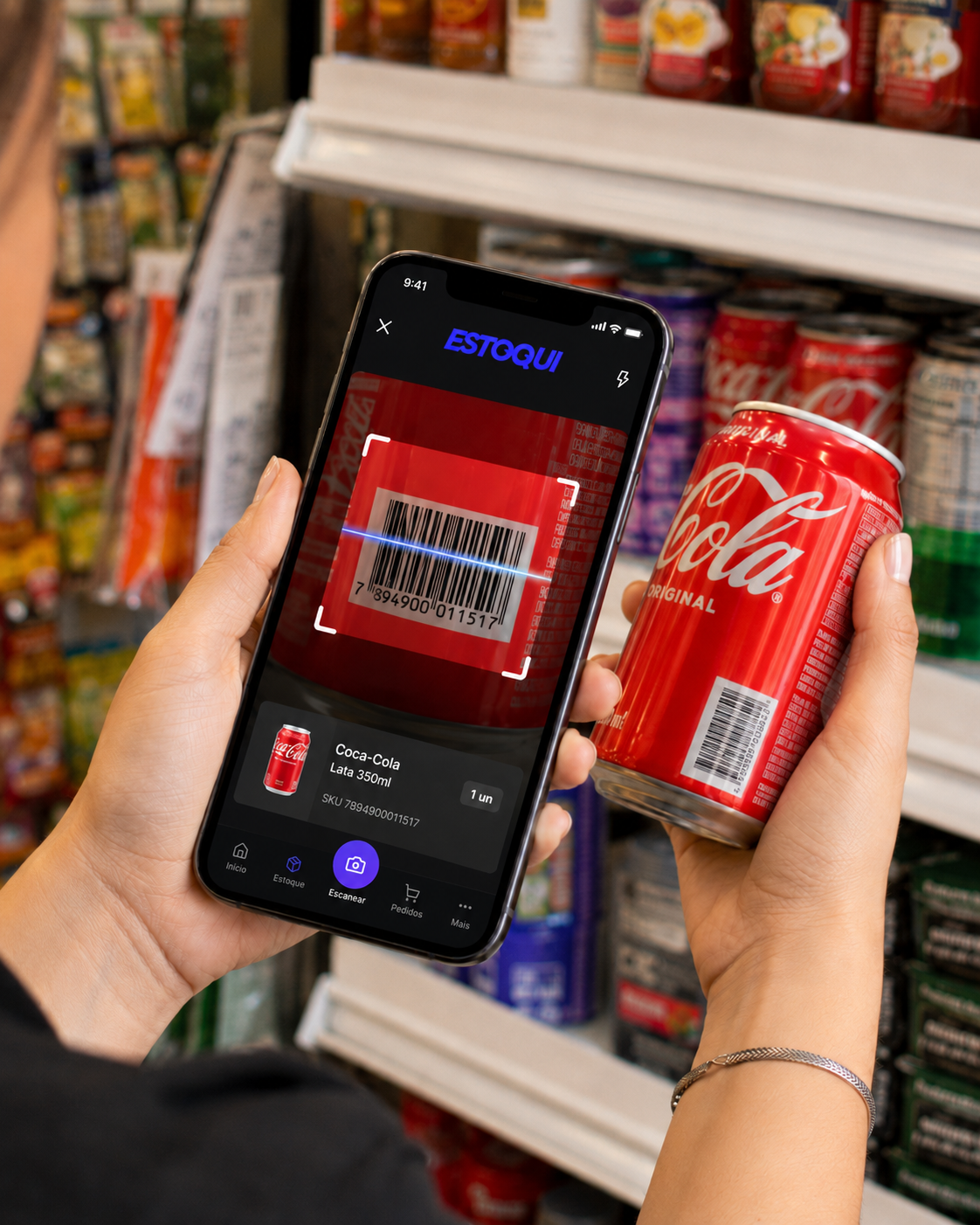 Person scanning Coca-Cola barcode with Estoqui app in real grocery store showing live barcode detection