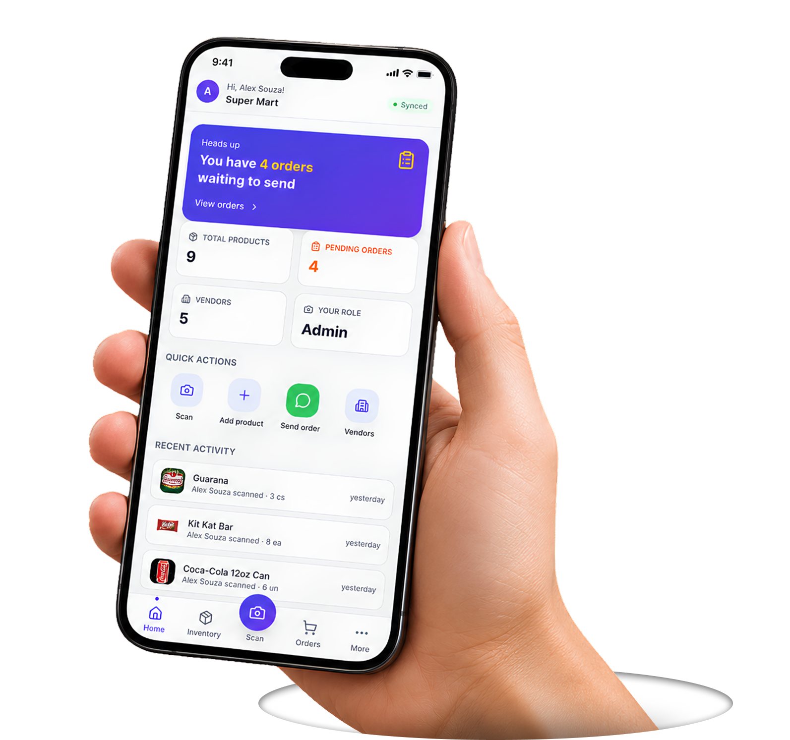 Hand holding iPhone with Estoqui app showing Super Mart dashboard with floating UI elements - low stock alerts, stock movement stats, and supplier order notifications